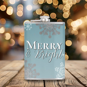 Teal Merry and Bright Snowflakes Christmas Hip Flask
