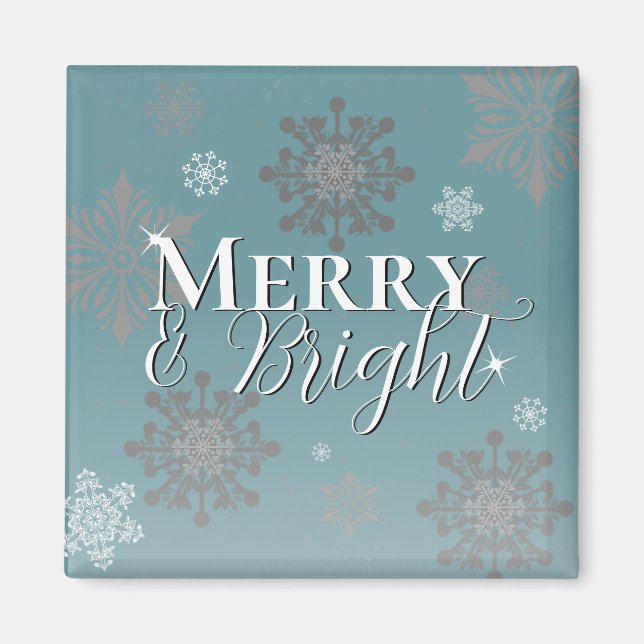 Teal Merry and Bright Snowflakes Christmas Magnet (Front)