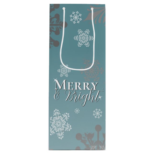 Teal Merry and Bright Snowflakes Christmas Wine Gift Bag (Front)