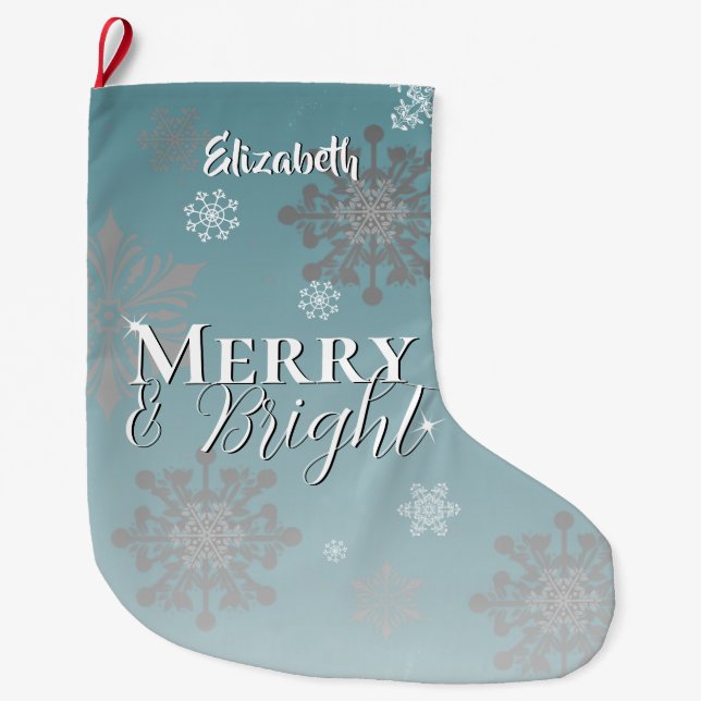 Teal Merry and Bright Snowflakes Large Christmas Stocking (Front)
