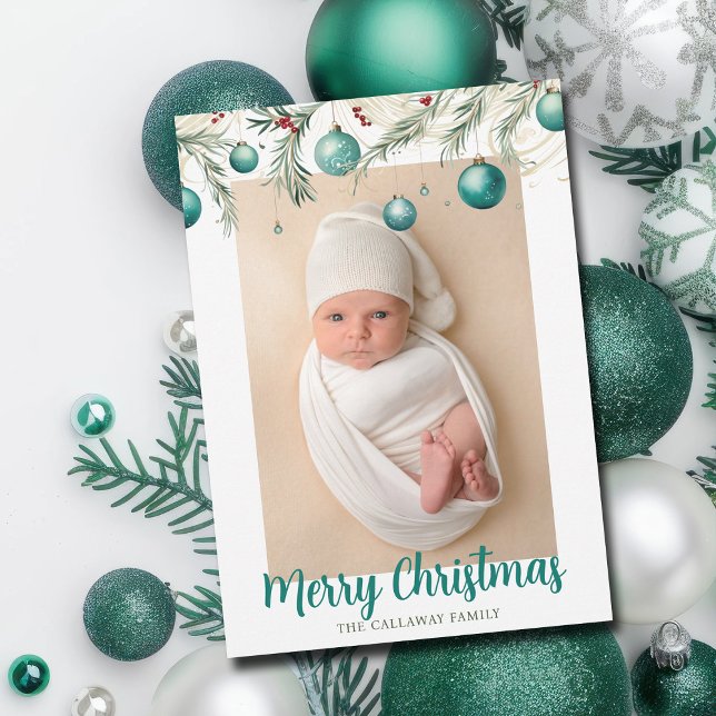 Teal Merry Christmas Ornaments Vertical Photo Holiday Card (Creator Uploaded)
