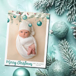 Teal Merry Christmas Ornaments Vertical Photo Holiday Postcard<br><div class="desc">Cute teal ornaments with beautiful watercolor holiday leaves dangle over your favourite vertical holiday photograph. Elegant Merry Christmas photo postcards with pretty decorations.</div>