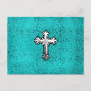 Teal Metal Cross Postcard