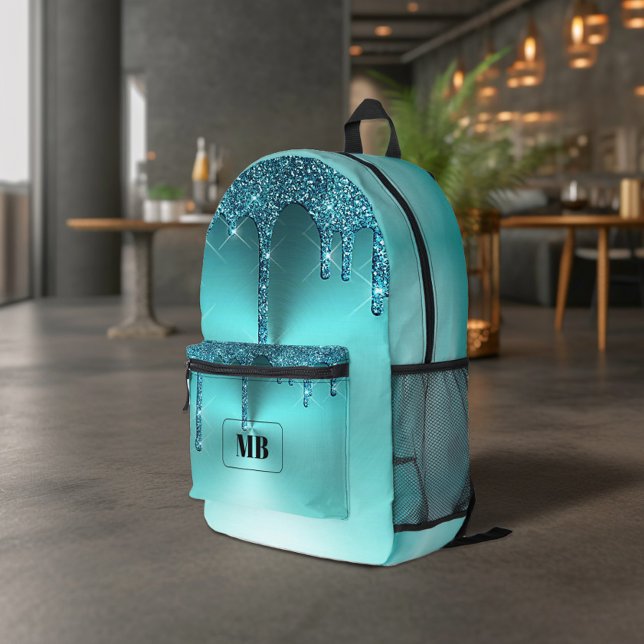Teal Metallic Glitter Drip Monogrammed Printed Backpack (Creator Uploaded)