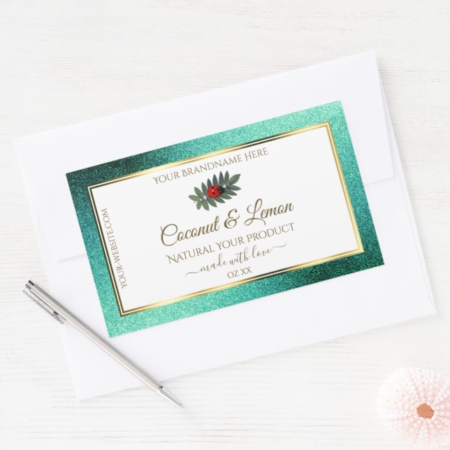 Teal Metallic Glitter White Product Labels Ladybug (Envelope)