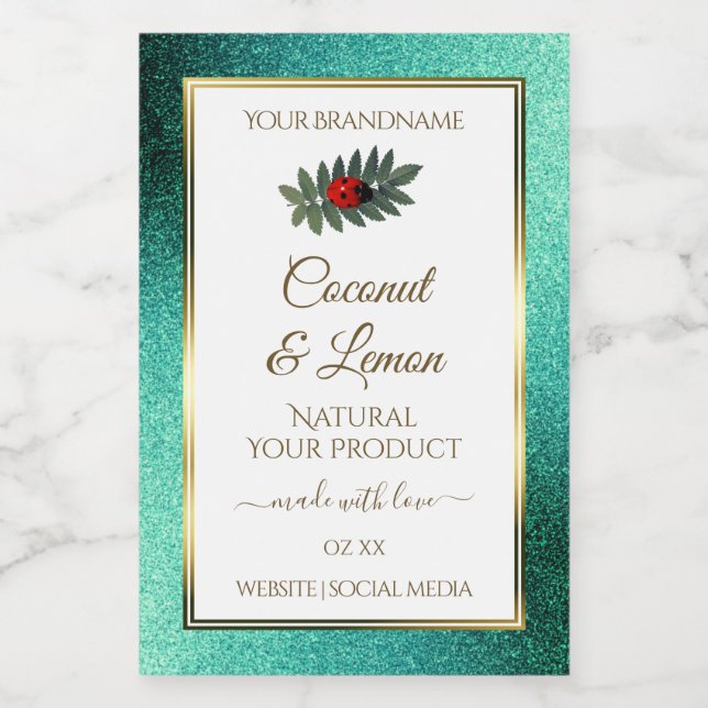 Teal Metallic Glitter White Product Labels Ladybug (Single Label)