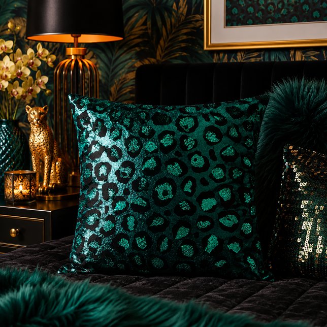 Teal Metallic Leopard Print Animal Pattern Cushion (Creator Uploaded)