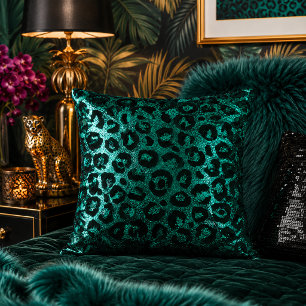 Teal Metallic Leopard Print Animal Pattern Cushion