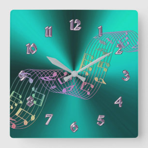 Teal Metallic Music Notes Clock