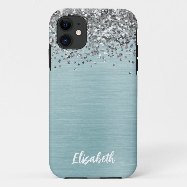 Teal Metallic Silver Glitter Girly Monogram Name Case-Mate iPhone Case (Back)
