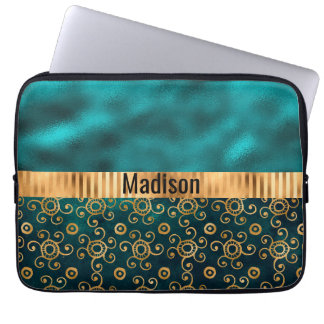 Teal Metallic Swirl Personalised Elegant Stylish Laptop Sleeve