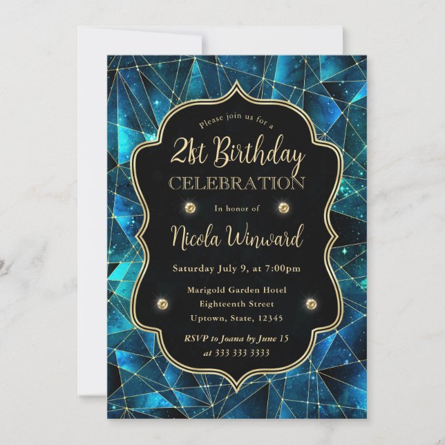 Teal Midnight Crystal Galaxy 21st Birthday photo Invitation (Front)