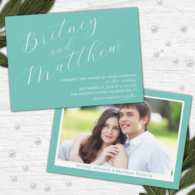Teal Minimalist Photo Elegant Script Wedding Invitation (Creator Uploaded)