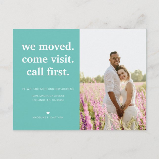Teal Minimalist We've Moved Photo Moving Announcement Postcard (Front)