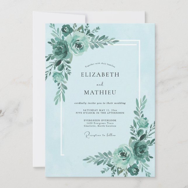 Teal Mint Blossom Wedding Invitation (Front)