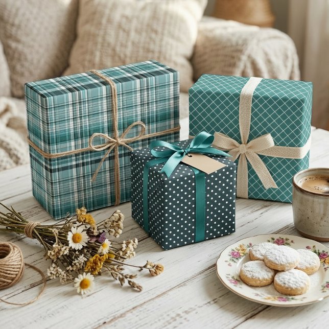 Teal Mint Blue Green Stripes Polkadots Pattern Wrapping Paper Sheet (Creator Uploaded)