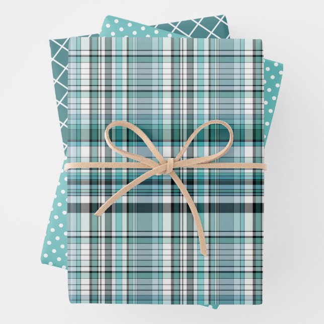 Teal Mint Blue Green Stripes Polkadots Pattern Wrapping Paper Sheet (In situ)