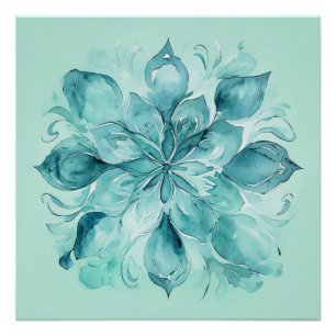 Teal & Mint Green Watercolor Floral Mandala Poster