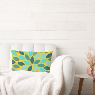 Teal Mint Mustard Modern Chrysanthemum Floral Lumbar Cushion