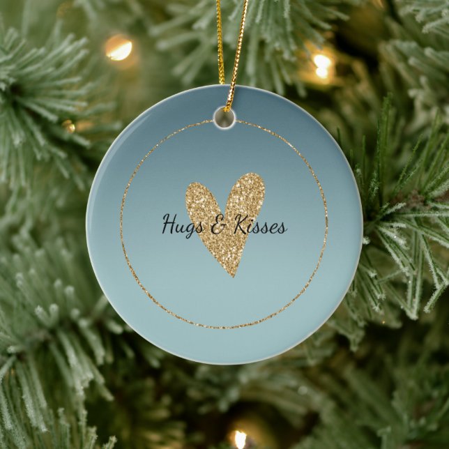 Teal Mint Ombre Gold Glitter Heart Ceramic Ornament (Tree)