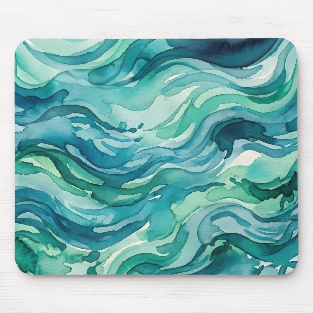 Teal Mint Watercolor Ocean Waves Mouse Pad (Front)
