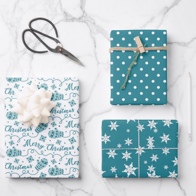 Teal Mittens and Snowflake Christmas Pattern Wrapping Paper Sheet (Front)