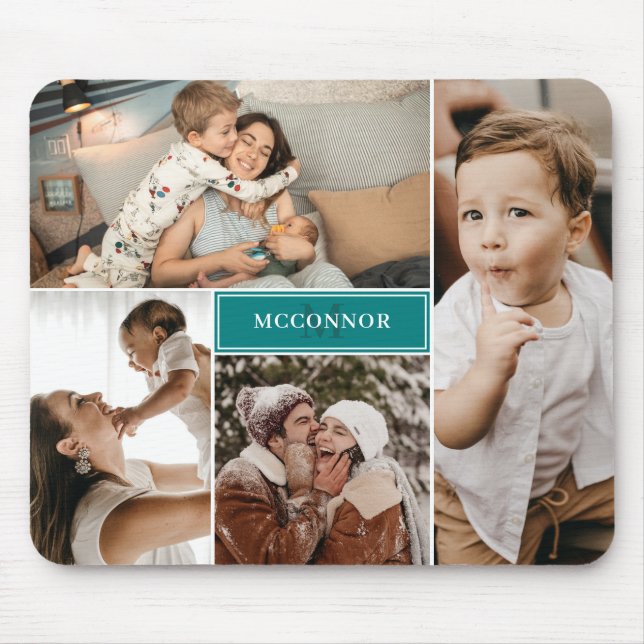 Teal Modern 4 Photo Collage & Name Mouse Pad (Front)