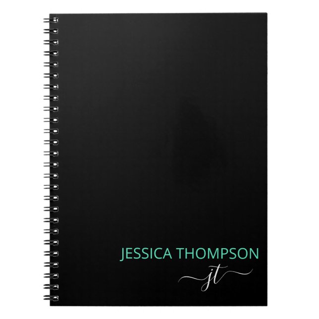 Teal Modern Black Simple Script Monogram Name Notebook (Front)