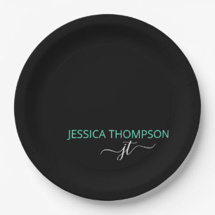 Teal Modern Black Simple Script Monogram Name  Paper Plate