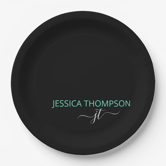 Teal Modern Black Simple Script Monogram Name  Paper Plate (Front)