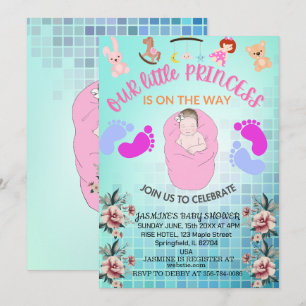 Teal Modern Boho Floral Princess Baby Girl Shower Invitation