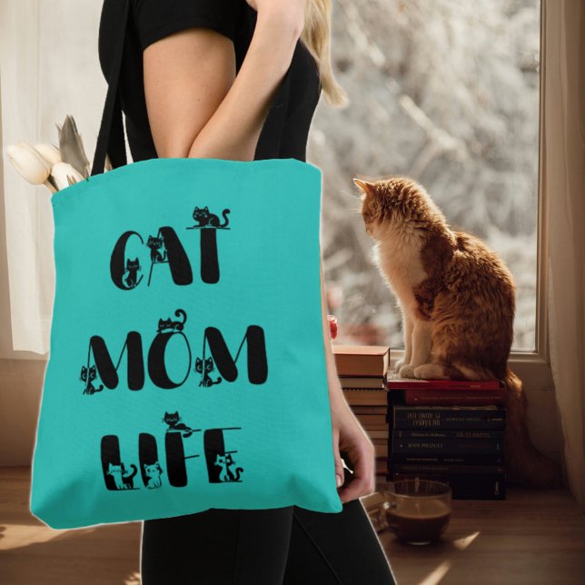 Teal Modern Cat Mum Life Cute Mother's Day  Tote Bag (Creator Uploaded)