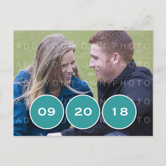 Teal Modern Circles Photo Save the Date Postcard (Front)