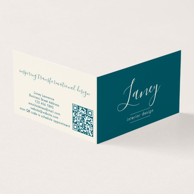 Teal Modern Elegant Script QR Code Professional Business Card (Outside)
