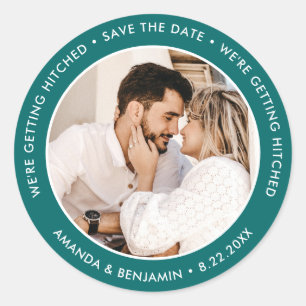 Teal Modern Getting Hitched Wedding Photo Classic Round Sticker