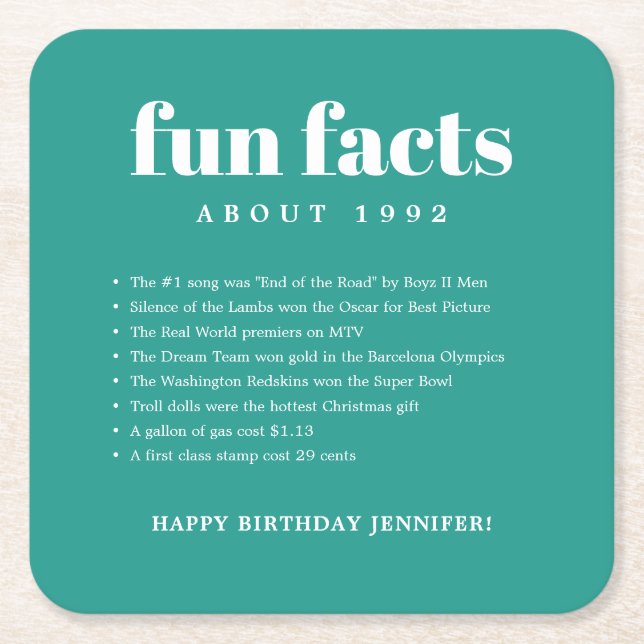 Teal Modern Minimal Fun Facts Birthday Year Square Paper Coaster (Front)