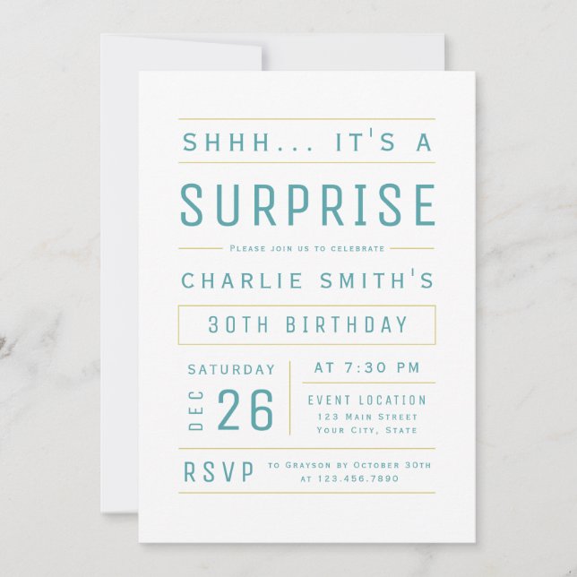 Teal Modern Simple Typography Surprise Birthday Invitation (Front)