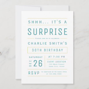 Teal Modern Simple Typography Surprise Birthday Invitation