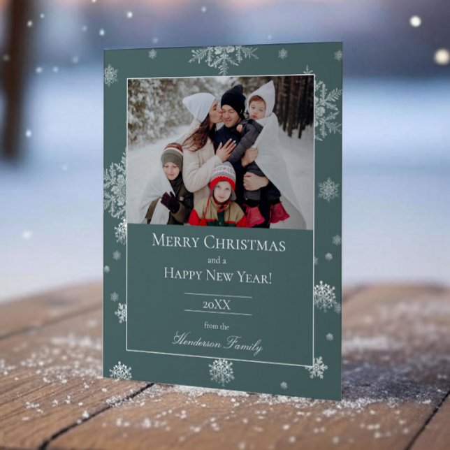 Teal Modern Snowflakes Flat Holiday Photo Card (Teal Modern Snowflakes Holiday Photo Card)