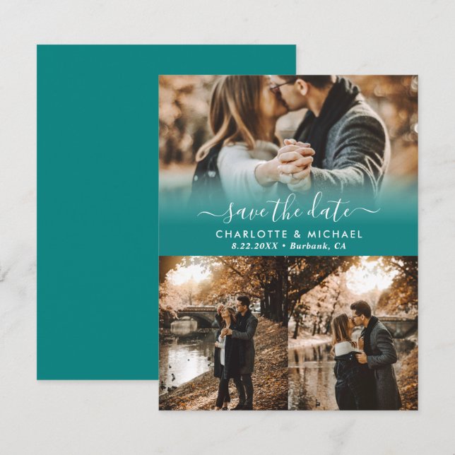 Teal Modern Wedding Photo Save The Date Cards (Front/Back)