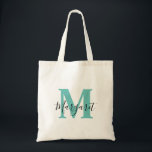 Teal Monogram Black Script Name Tote Bag<br><div class="desc">Teal Monogram Black Script Name Tote Bag. Can be given as gift to family and friends on their Birthday and Christmas.</div>