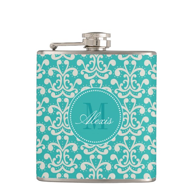 Teal Monogram Damask Flask (Front)