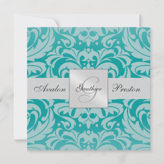 Teal Monogram Damask Wedding Invitation (Front)