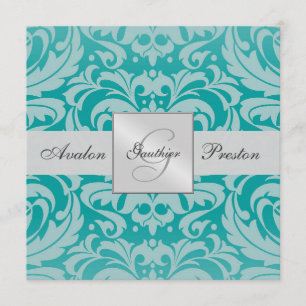 Teal Monogram Damask Wedding Invitation