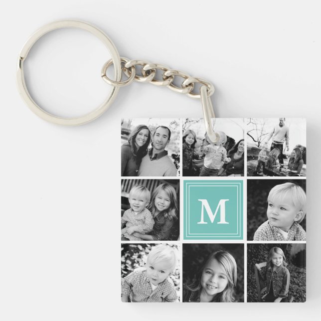 Teal Monogram Family Photo Collage Key Ring (Front)