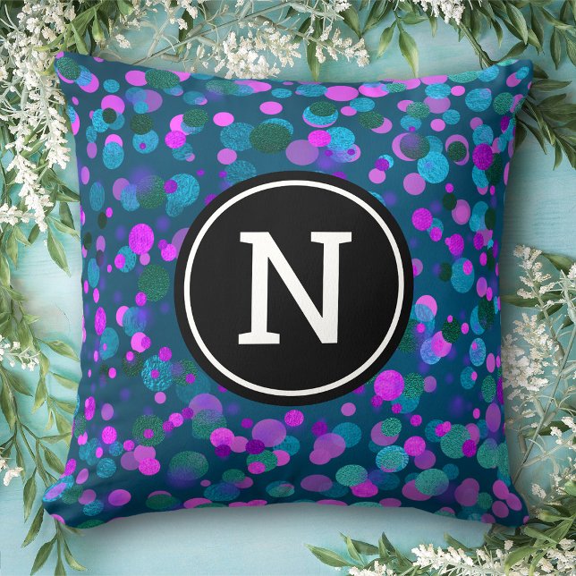 Teal monogram initial blue purple confetti dots cushion (Creator Uploaded)