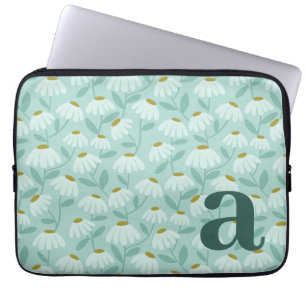 Teal Monogram Initial Daisies Floral Pattern Laptop Sleeve