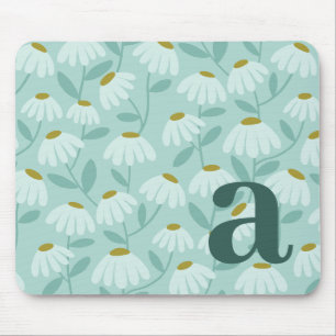 Teal Monogram Initial Daisies Floral Pattern Mouse Pad