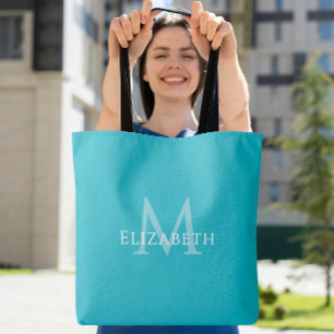 Teal Monogram Modern Name Initial Tote
