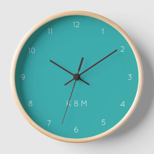 Teal Monogram Modern Turquoise Cyan Blue Clock